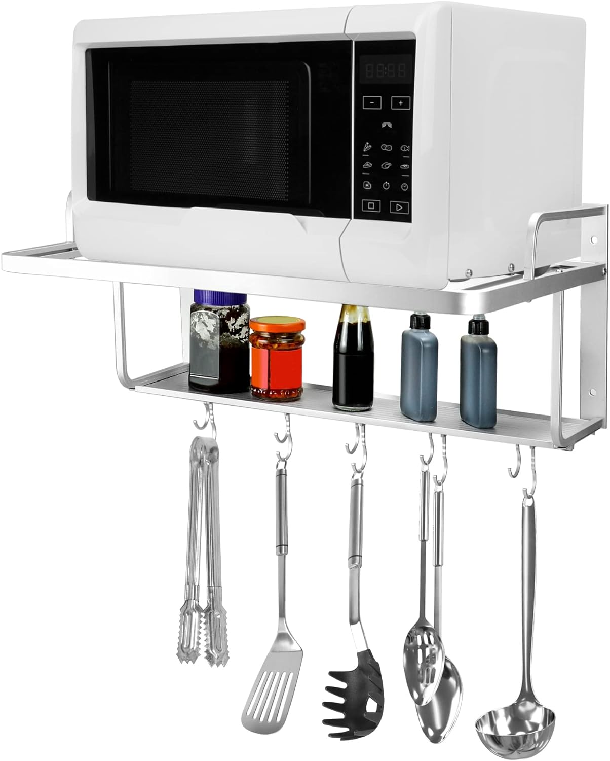 Estante colgante para microondas, microondas de montaje en pared, soporte para microondas, 2 estantes, con 10 ganchos, 55 x 38 x 25 cm Estante colgante para microondas, microondas de montaje en pared, soporte para microondas, 2 estantes, con 10 ganchos, 55 x 38 x 25 cm